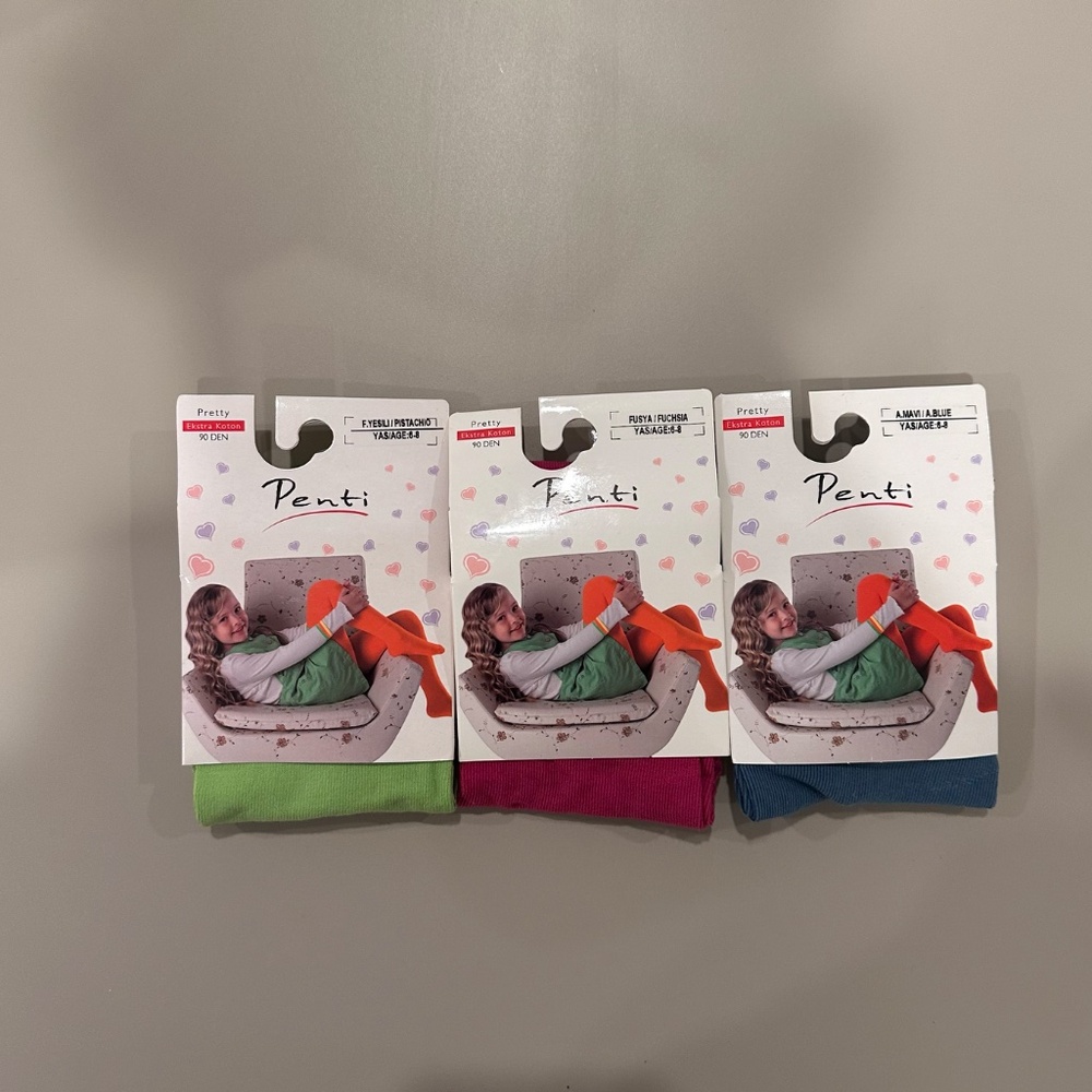 3 Pack of Extra Cotton 6-8 Years Old Girl Tights Colorful and nonPatterned Trio4